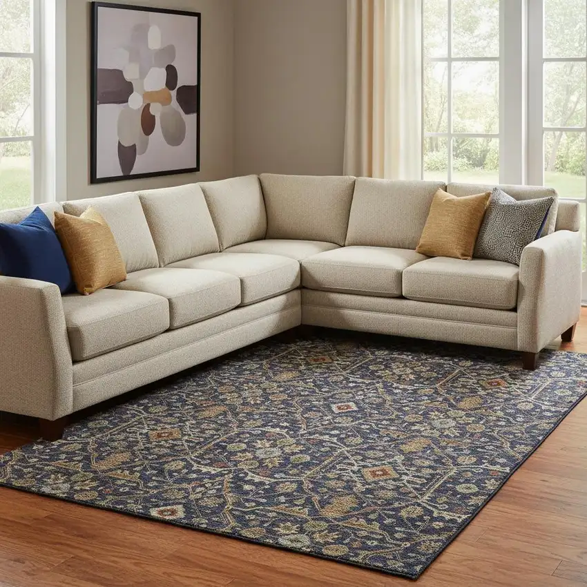 Navy Blue Gold And Copper Oriental Washable Area Rug With UV Protection Photo 2