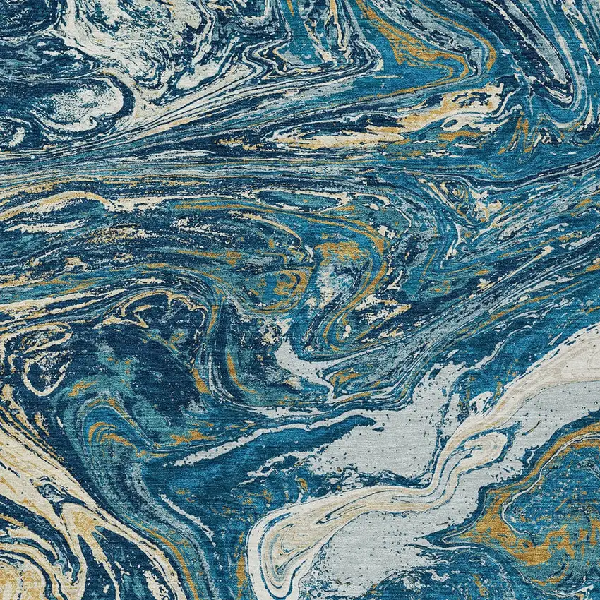 Navy Blue Gold And Ivory Abstract Washable Indoor Outdoor Area Rug Photo 6
