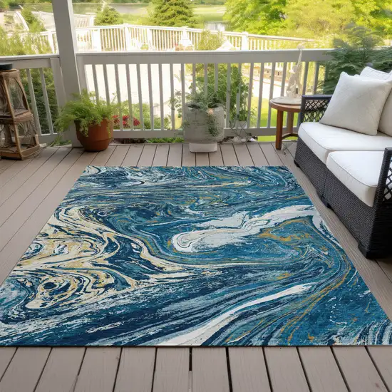 Navy Blue Gold And Ivory Abstract Washable Indoor Outdoor Area Rug Photo 8