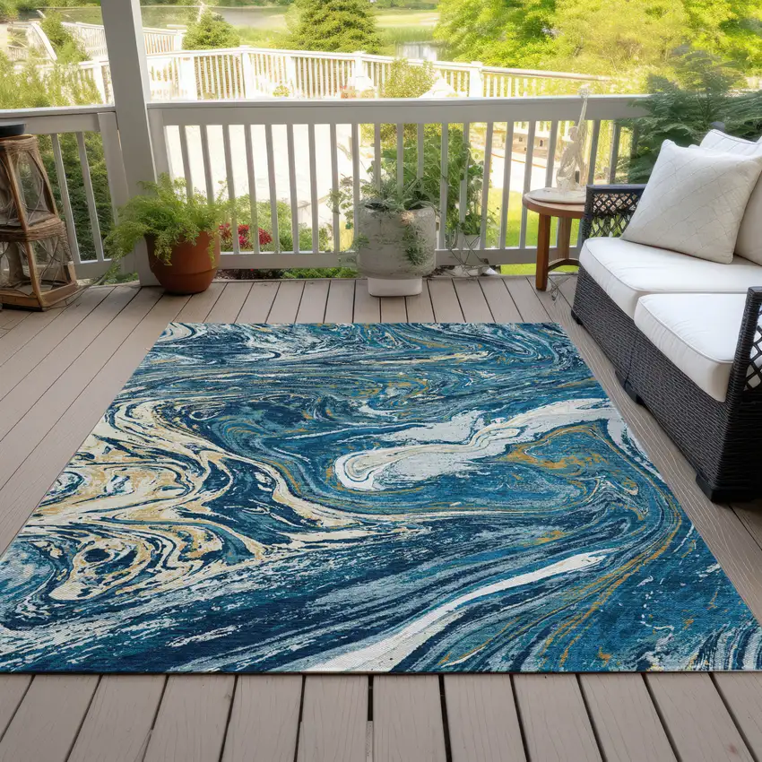 Navy Blue Gold And Ivory Abstract Washable Indoor Outdoor Area Rug Photo 8