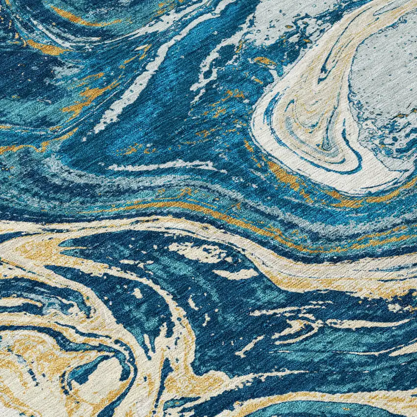 Navy Blue Gold And Ivory Abstract Washable Indoor Outdoor Area Rug Photo 3