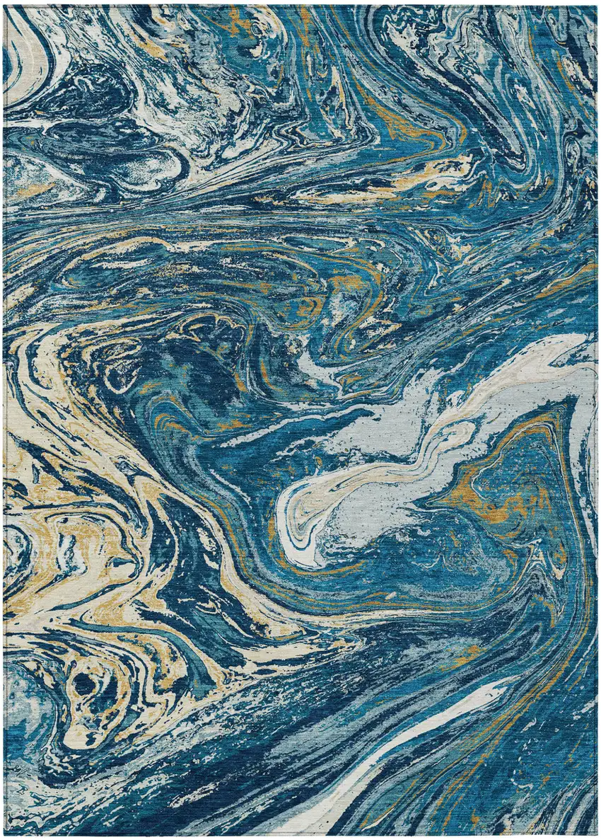 Navy Blue Gold And Ivory Abstract Washable Indoor Outdoor Area Rug Photo 2