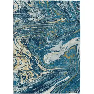 Photo of Navy Blue Gold And Ivory Abstract Washable Indoor Outdoor Area Rug