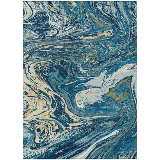 Navy Blue Gold And Ivory Abstract Washable Indoor Outdoor Area Rug Photo 2