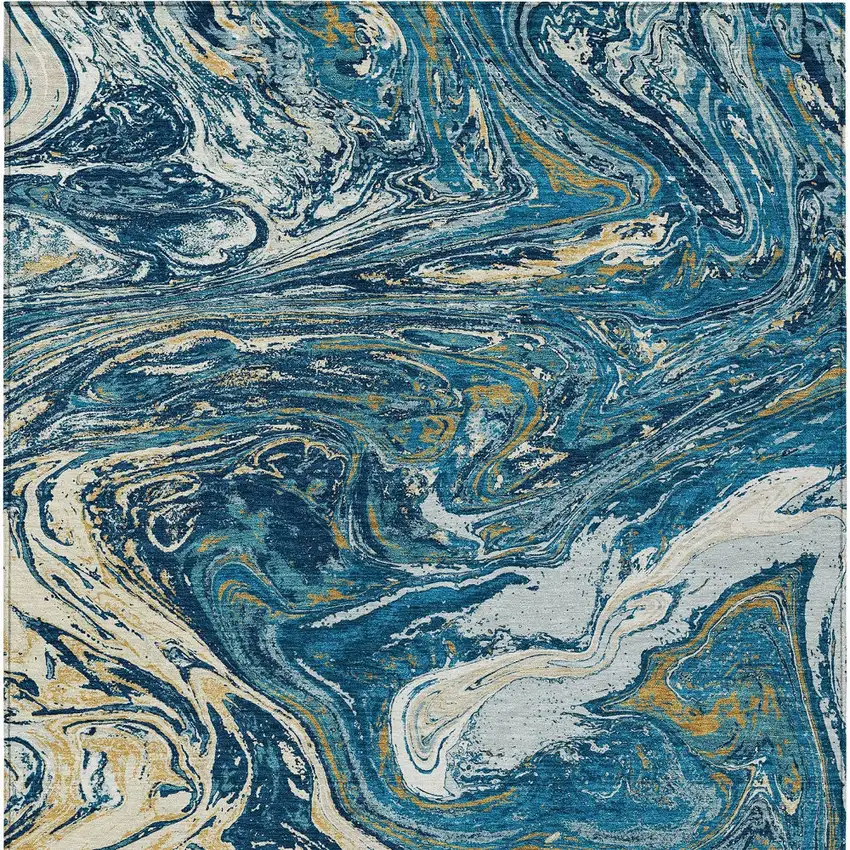 Navy Blue Gold And Ivory Abstract Washable Indoor Outdoor Area Rug Photo 6