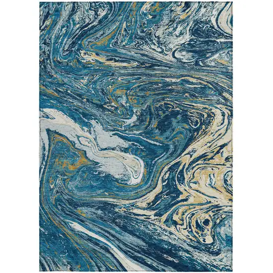 Navy Blue Gold And Ivory Abstract Washable Indoor Outdoor Area Rug Photo 7