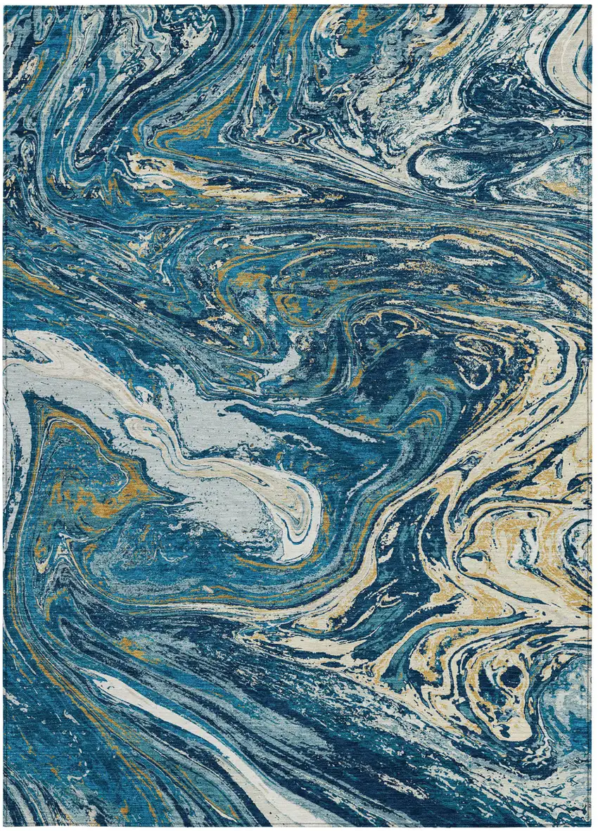 Navy Blue Gold And Ivory Abstract Washable Indoor Outdoor Area Rug Photo 7