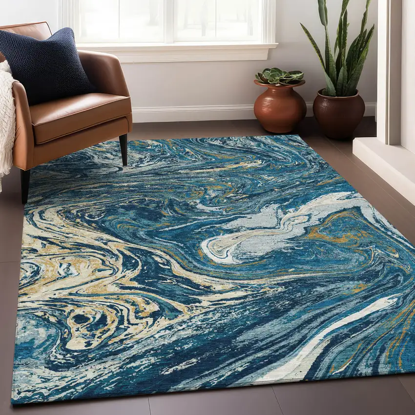 Navy Blue Gold And Ivory Abstract Washable Indoor Outdoor Area Rug Photo 9