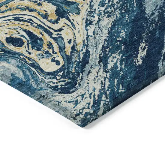Navy Blue Gold And Ivory Abstract Washable Indoor Outdoor Area Rug Photo 5