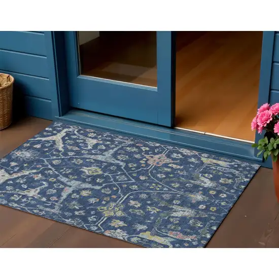 Navy Blue Gold And Ivory Floral Washable Indoor Outdoor Area Rug Photo 1