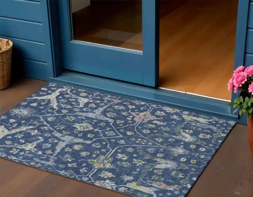 Navy Blue Gold And Ivory Floral Washable Indoor Outdoor Area Rug Photo 1