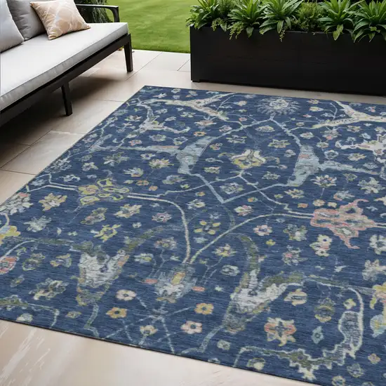 Navy Blue Gold And Ivory Floral Washable Indoor Outdoor Area Rug Photo 1