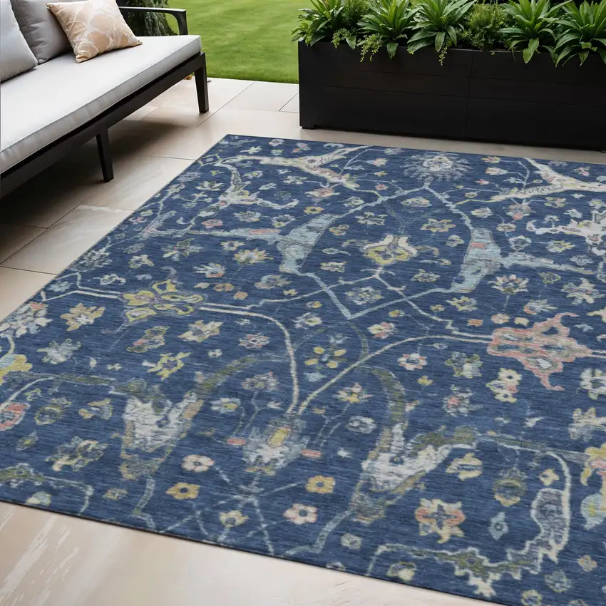 Navy Blue Gold And Ivory Floral Washable Indoor Outdoor Area Rug Photo 1