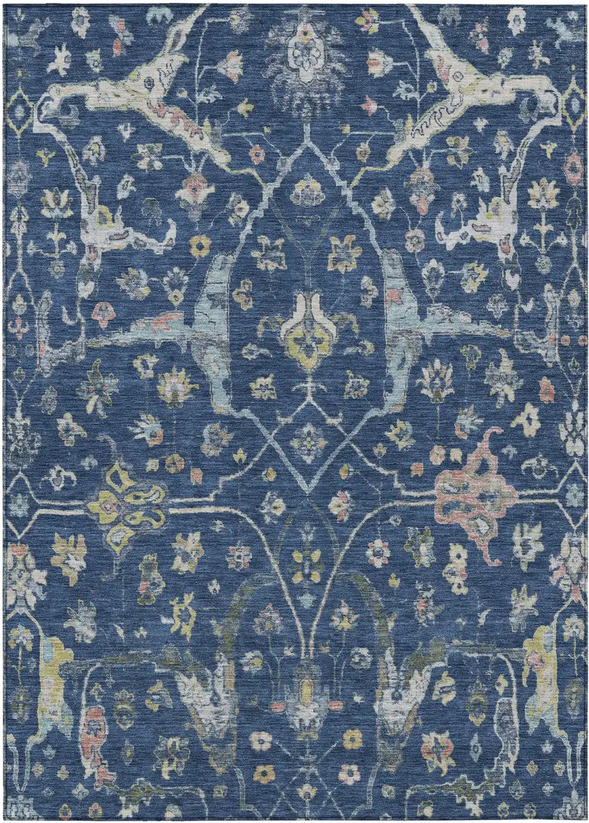 Navy Blue Gold And Ivory Floral Washable Indoor Outdoor Area Rug Photo 2
