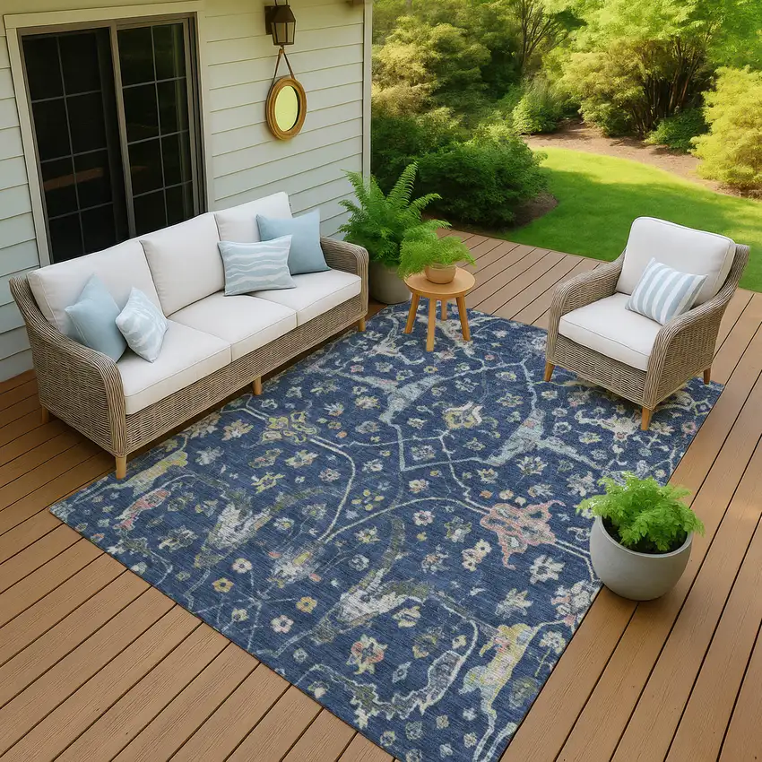 Navy Blue Gold And Ivory Floral Washable Indoor Outdoor Area Rug Photo 8