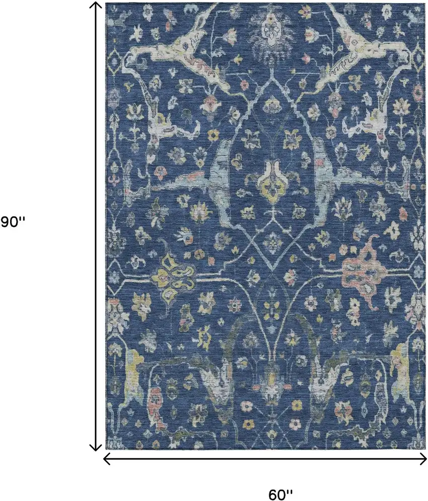 Navy Blue Gold And Ivory Floral Washable Indoor Outdoor Area Rug Photo 3