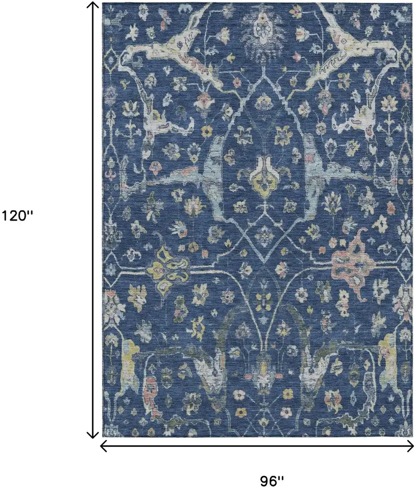 Navy Blue Gold And Ivory Floral Washable Indoor Outdoor Area Rug Photo 3