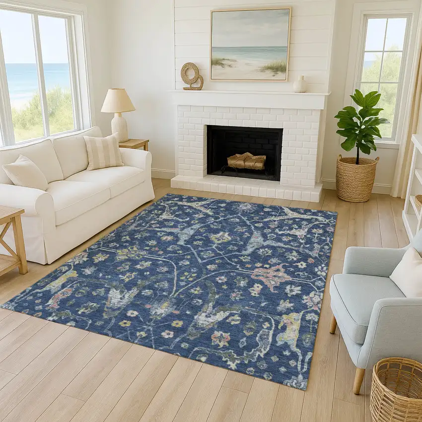 Navy Blue Gold And Ivory Floral Washable Indoor Outdoor Area Rug Photo 9