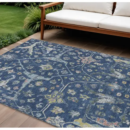 Navy Blue Gold And Ivory Floral Washable Indoor Outdoor Area Rug Photo 1