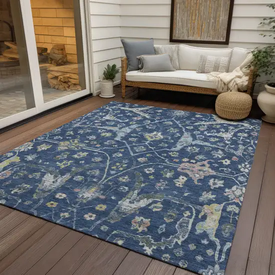 Navy Blue Gold And Ivory Floral Washable Indoor Outdoor Area Rug Photo 9