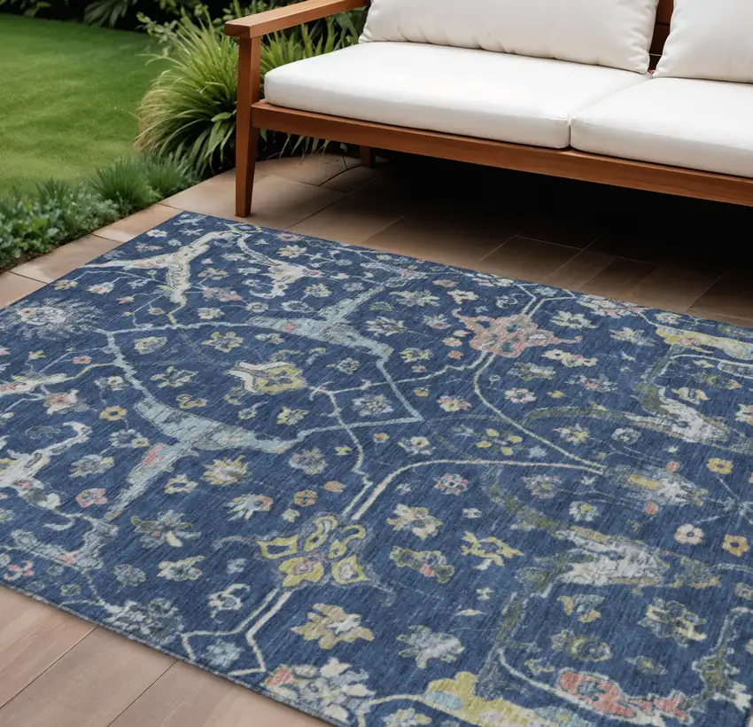 Navy Blue Gold And Ivory Floral Washable Indoor Outdoor Area Rug Photo 1