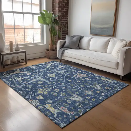 Navy Blue Gold And Ivory Floral Washable Indoor Outdoor Area Rug Photo 9