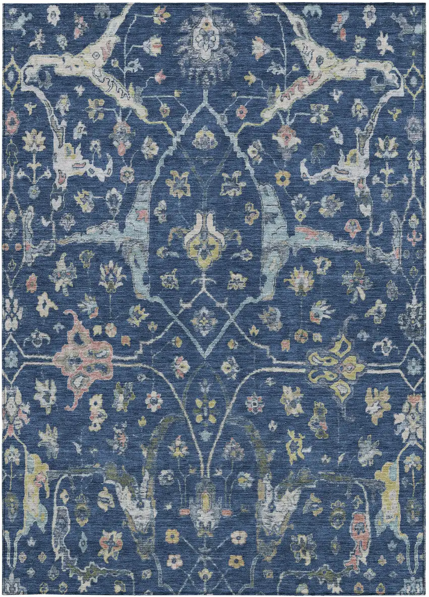 Navy Blue Gold And Ivory Floral Washable Indoor Outdoor Area Rug Photo 5