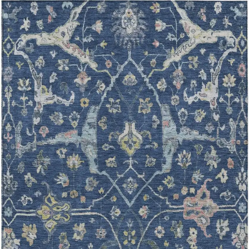 Navy Blue Gold And Ivory Floral Washable Indoor Outdoor Area Rug Photo 4