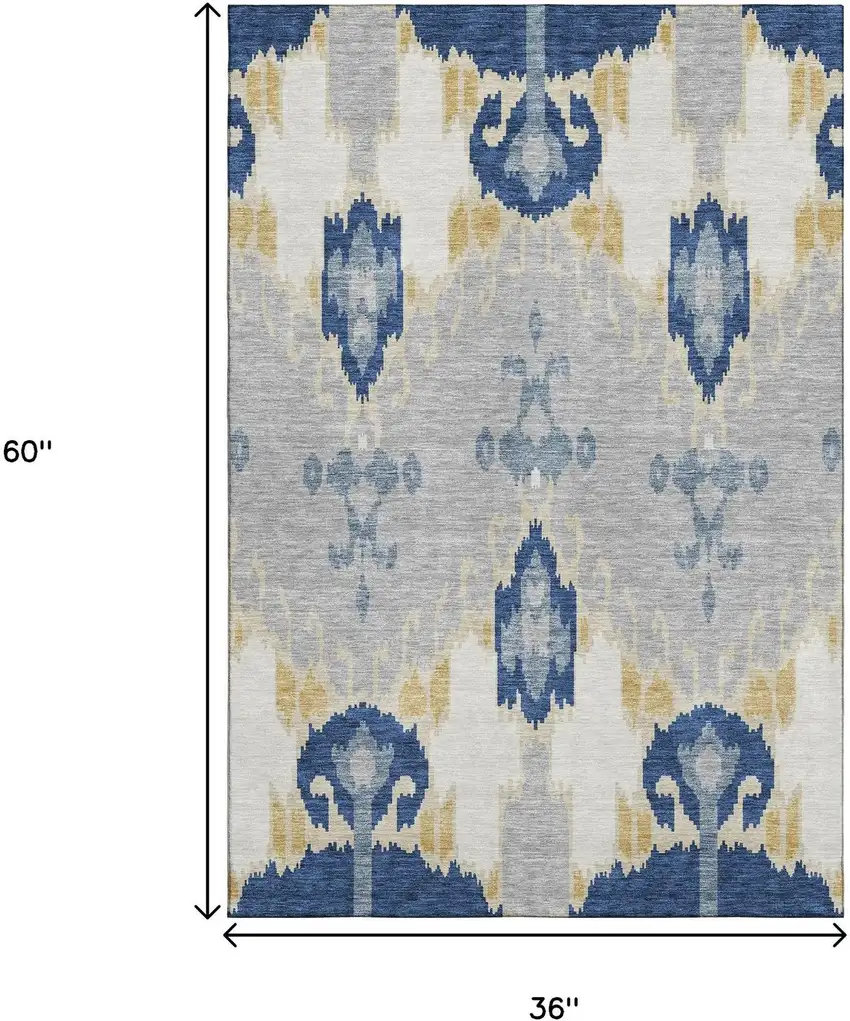 Navy Blue Gold And Ivory Ikat Washable Area Rug With UV Protection Photo 3