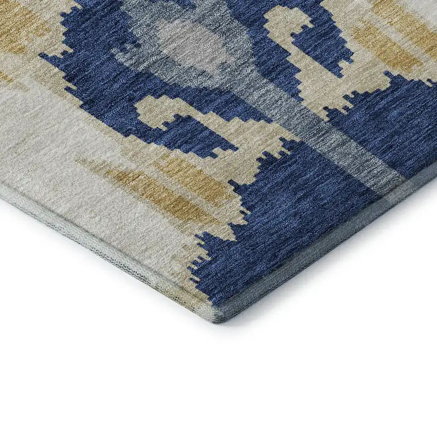 Navy Blue Gold And Ivory Ikat Washable Area Rug With UV Protection Photo 8