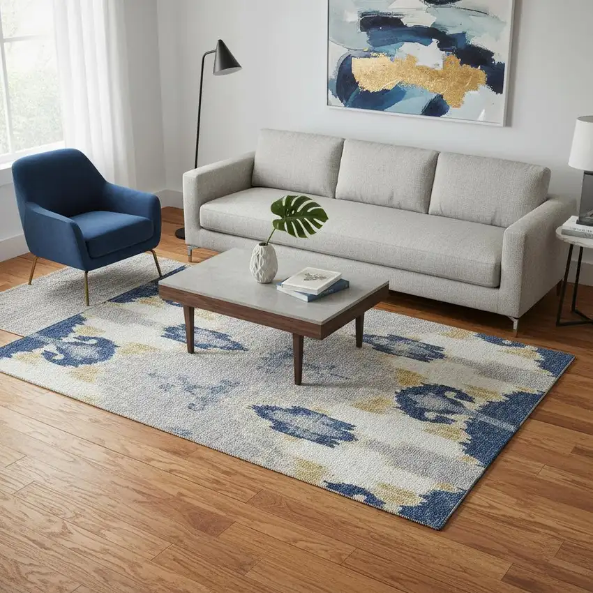 Navy Blue Gold And Ivory Ikat Washable Area Rug With UV Protection Photo 2