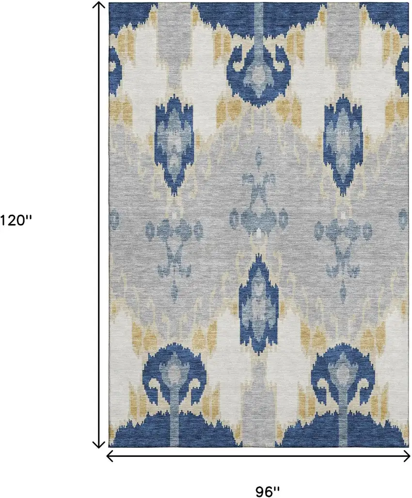 Navy Blue Gold And Ivory Ikat Washable Area Rug With UV Protection Photo 3