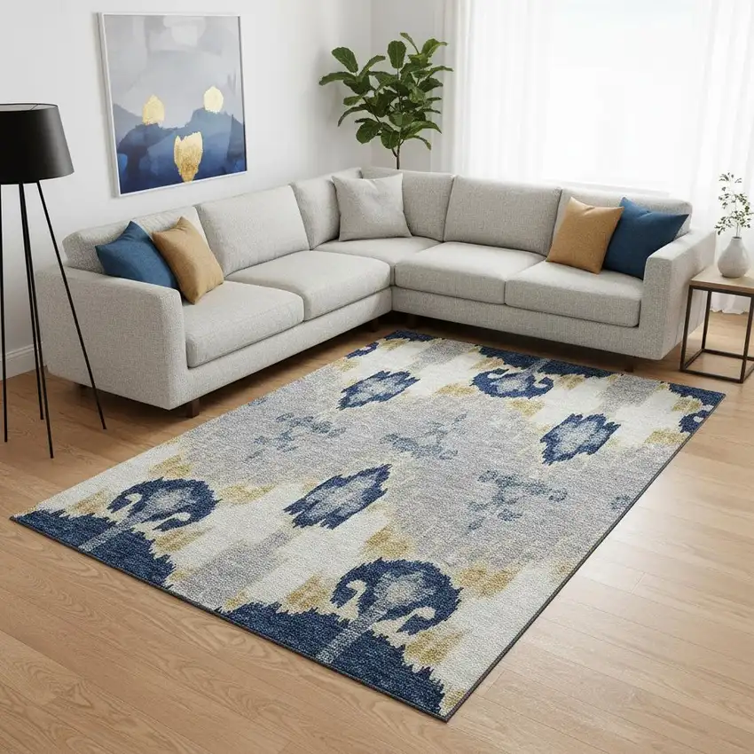Navy Blue Gold And Ivory Ikat Washable Area Rug With UV Protection Photo 2