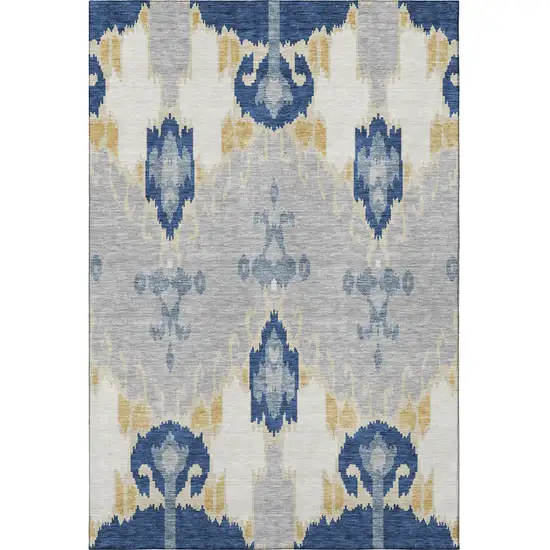 Navy Blue Gold And Ivory Ikat Washable Area Rug With UV Protection Photo 4