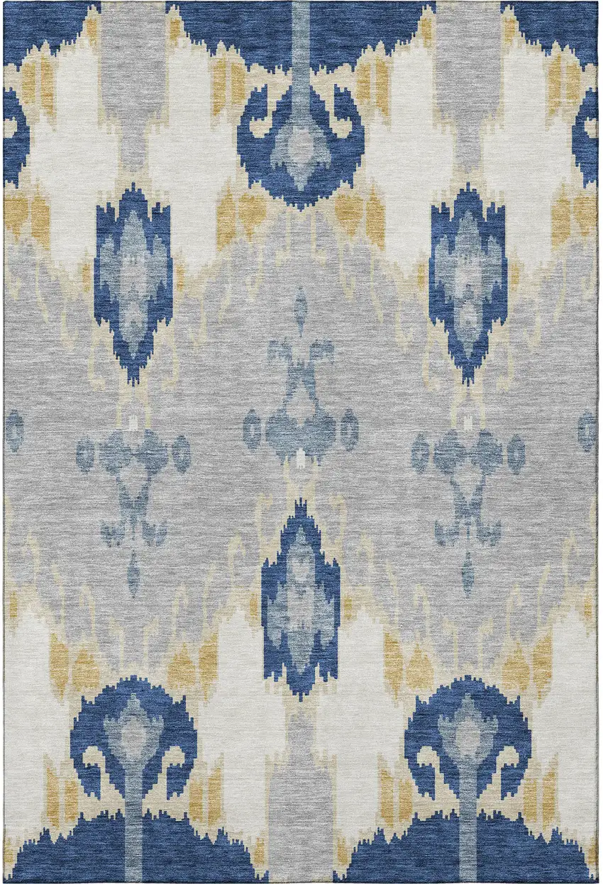 Navy Blue Gold And Ivory Ikat Washable Area Rug With UV Protection Photo 4