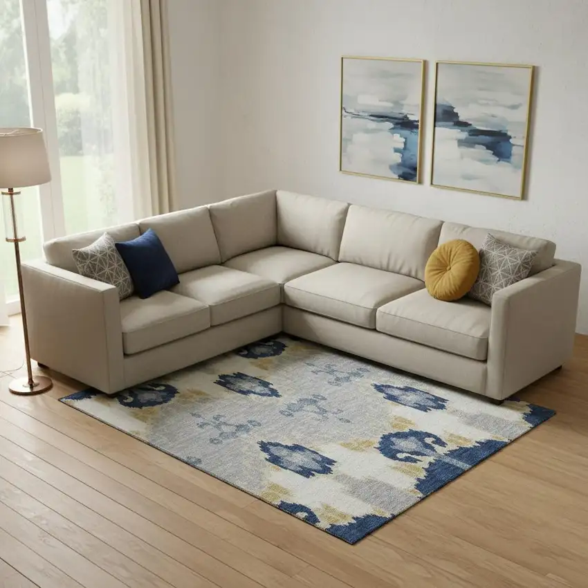 Navy Blue Gold And Ivory Ikat Washable Area Rug With UV Protection Photo 1