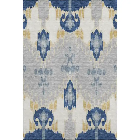 Navy Blue Gold And Ivory Ikat Washable Area Rug With UV Protection Photo 1