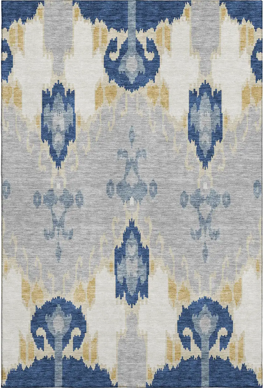 Navy Blue Gold And Ivory Ikat Washable Area Rug With UV Protection Photo 1