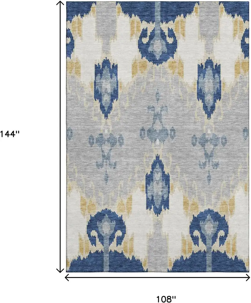 Navy Blue Gold And Ivory Ikat Washable Area Rug With UV Protection Photo 3
