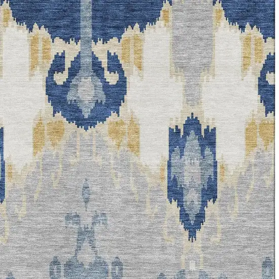 Navy Blue Gold And Ivory Ikat Washable Area Rug With UV Protection Photo 4