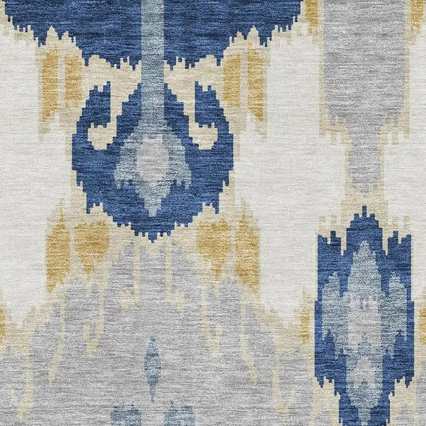 Navy Blue Gold And Ivory Ikat Washable Area Rug With UV Protection Photo 3