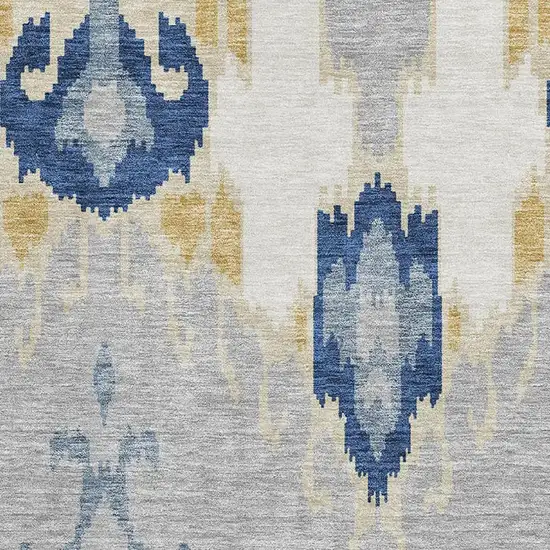 Navy Blue Gold And Ivory Ikat Washable Area Rug With UV Protection Photo 3