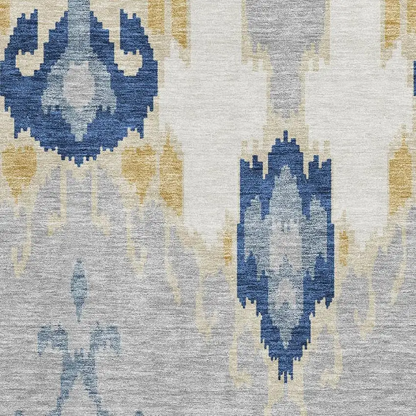 Navy Blue Gold And Ivory Ikat Washable Area Rug With UV Protection Photo 3