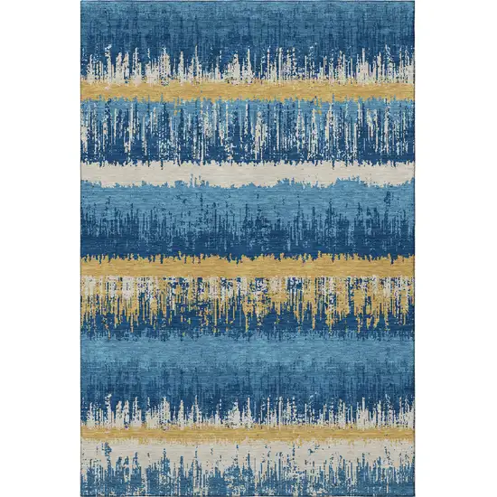 Navy Blue Gold And Ivory Striped Washable Area Rug With UV Protection Photo 2