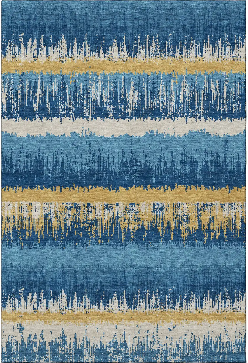 Navy Blue Gold And Ivory Striped Washable Area Rug With UV Protection Photo 2