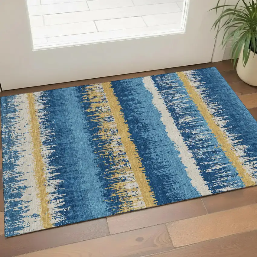 Navy Blue Gold And Ivory Striped Washable Area Rug With UV Protection Photo 1