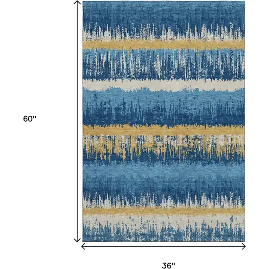 Navy Blue Gold And Ivory Striped Washable Area Rug With UV Protection Photo 9