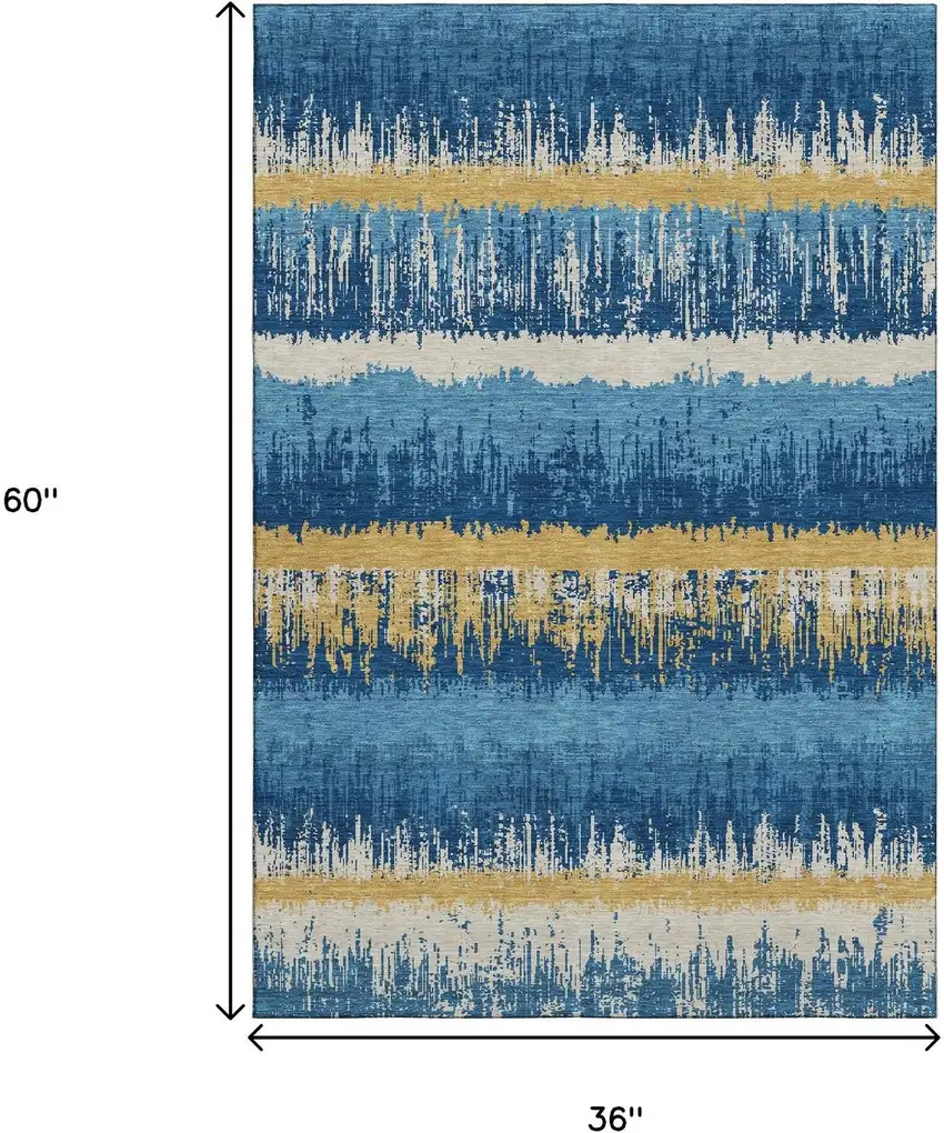 Navy Blue Gold And Ivory Striped Washable Area Rug With UV Protection Photo 9
