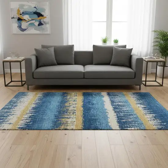 Navy Blue Gold And Ivory Striped Washable Area Rug With UV Protection Photo 2