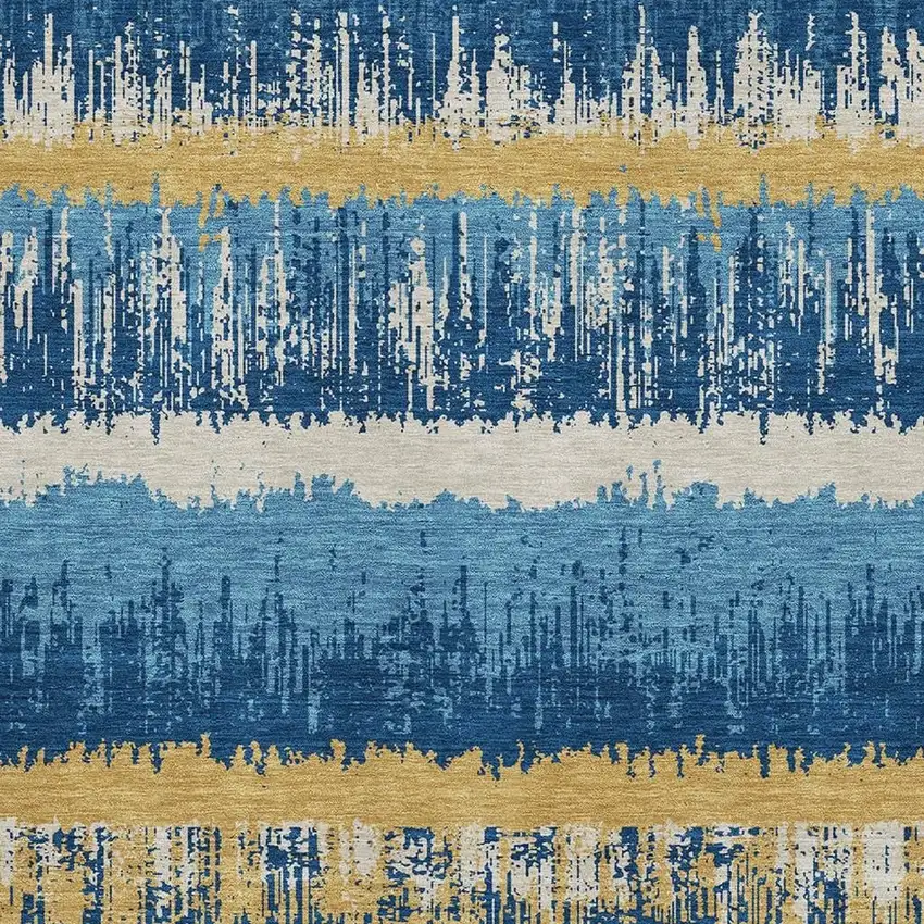 Navy Blue Gold And Ivory Striped Washable Area Rug With UV Protection Photo 2